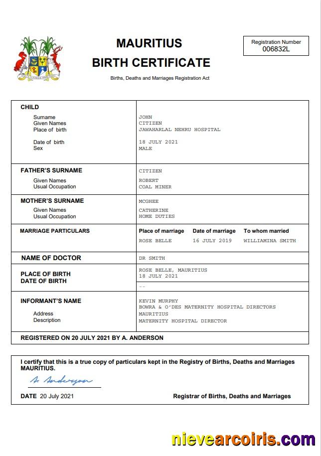 Mauritius vital record birth certificate